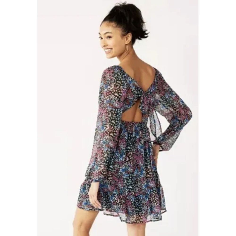 NWT Juniors' XXL Rewind Long Sleeve‎ Dress Square-neck Black Floral Open Back